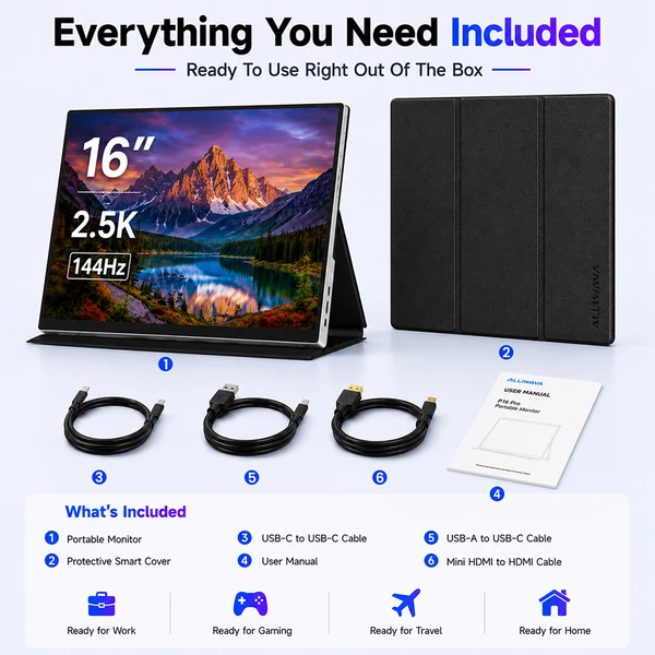 ALLIWAVA P16 Pro hordozható monitor, 16'' 2.5K QHD+ IPS kijelző, 144Hz, 100% sRGB, 400 nit, USB‑C & HDMI, laptophoz/PC‑hez/Switchhez/PS5‑höz