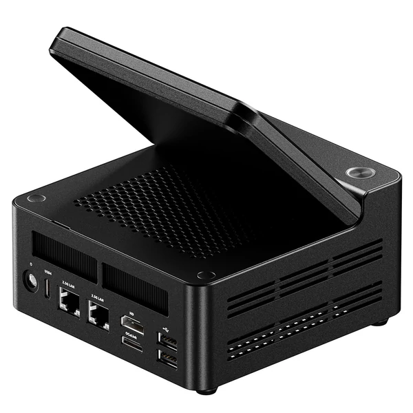 AOOSTAR G‑FLIP mini PC barebone, Ryzen 7 H255, Radeon 780M, DDR5, PCIe 4.0, 5\" 1080p kijelző, USB4, OCuLink, 2.5G LAN