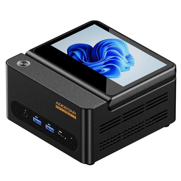 AOOSTAR G‑FLIP mini PC barebone, Ryzen 7 H255, Radeon 780M, DDR5, PCIe 4.0, 5\" 1080p kijelző, USB4, OCuLink, 2.5G LAN