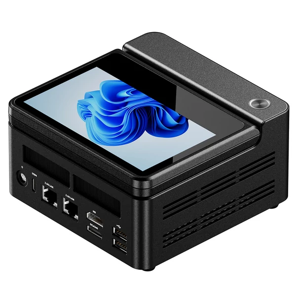 AOOSTAR G‑FLIP mini PC barebone, Ryzen 7 H255, Radeon 780M, DDR5, PCIe 4.0, 5\" 1080p kijelző, USB4, OCuLink, 2.5G LAN