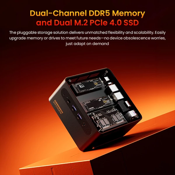 AOOSTAR G‑FLIP mini PC barebone, Ryzen 7 H255, Radeon 780M, DDR5, PCIe 4.0, 5\" 1080p kijelző, USB4, OCuLink, 2.5G LAN