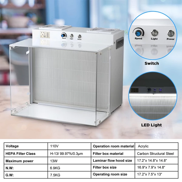 LTQ Vapor CW‑13 lamináris fülke, H13 HEPA szűrővel, 99.97% hatékonyság, dupla ventilátoros függőleges légáramlással