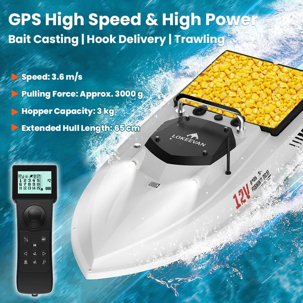 LOKEEVAN D80B GPS etetőhajó – 795‑ös dupla motor, 3.6 m/s sebesség, 2 kg etetőtartály, 500 m hatótáv, automata visszatérés, vízálló test – Fehér