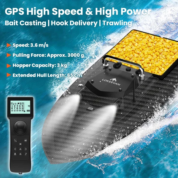 LOKEEVAN D80B GPS etetőhajó – 795‑ös dupla motor, 3.6 m/s sebesség, 2 kg etetőtartály, 500 m hatótáv, automata visszatérés, vízálló test – Fekete
