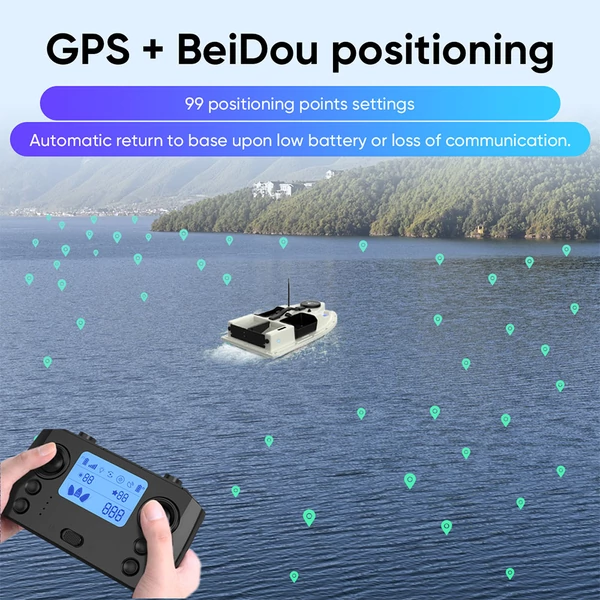 LOKEEVAN D19 GPS etetőhajó, 500 m hatótáv, 99 GPS horgászpont, 4 etetőrekesz, 2 kg teherbírás, halk dupla motor, 2–8 óra üzemidő