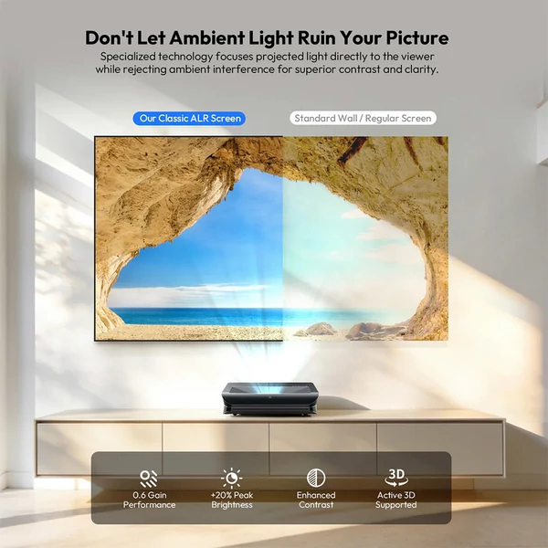 ProjeStar 100" vetítővászon, 4K UHD UST ALR PET Crystal, 85% fényelnyelés, 0.6 gain, 160° látószög, 16:9, 3D támogatás