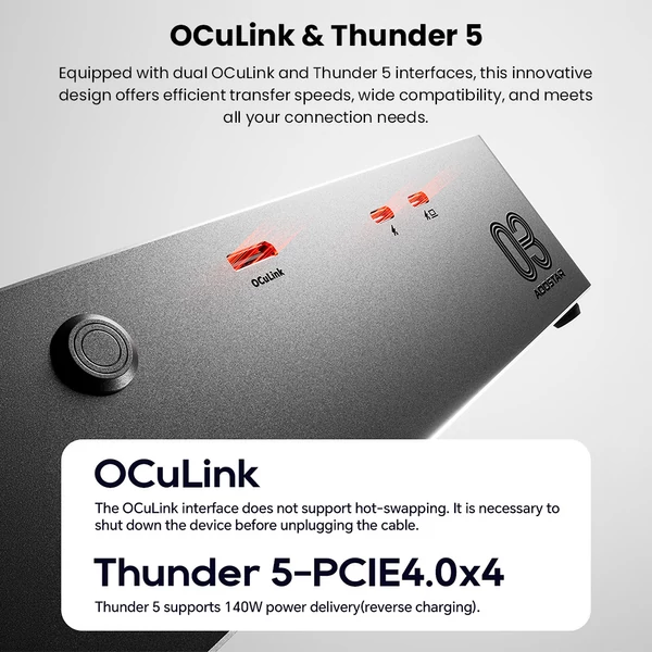 AOOSTAR AG03 külső GPU dokkoló – Thunderbolt 5 + OCuLink PCIe 4.0 x4, 800W táp, 500W VGA, AMD/NVIDIA kompatibilis