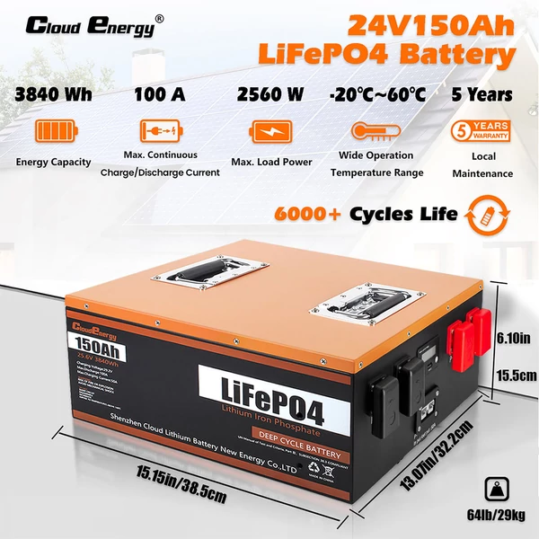 Cloudenergy 24V 150Ah LiFePO4 akkumulátor, 3840Wh kapacitás, 6000+ ciklus, beépített 100A BMS