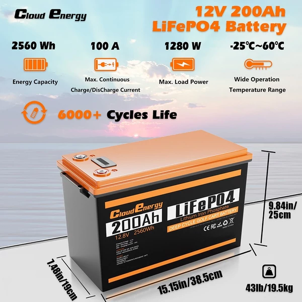 Cloudenergy 12V 200Ah LiFePO4 akkumulátor, 2560Wh tartalék energia, 6000+ ciklus, 100A BMS, soros/párhuzamos, lakókocsihoz, hajóhoz, napelemhez