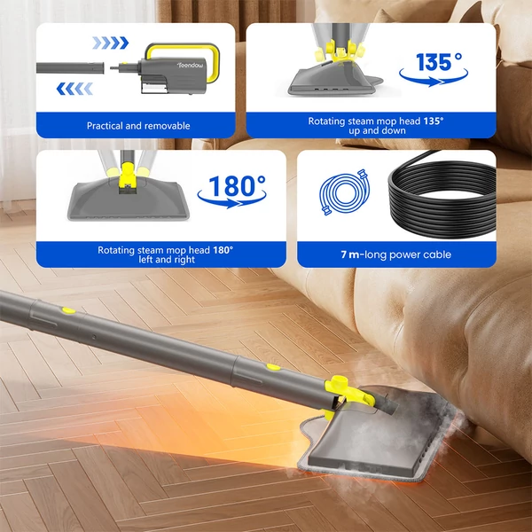 Teendow SC‑05 gőztisztító felmosó, 1300W, 15 mp felfűtés, 300 ml tartály, 30 perc üzemidő, 2 gőzfokozat, 7 m kábel, 180° forgó fej