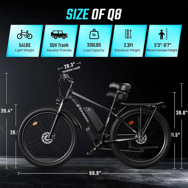 FENGQS Q8 elektromos kerékpár, 750W motorral, 48V 17.5Ah akkumulátorral, 27.5” gumik, 50 km/h, 85 km hatótáv, mechanikus tárcsafék, 21 sebesség – Fekete