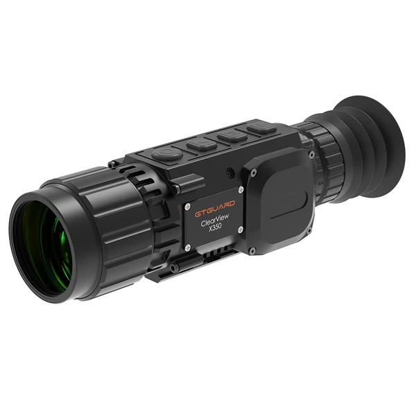 GTGUARD ClearView X350 hőkamera céltávcső, 384×288 szenzor, 3400 m felismerés, 35 mm F1.0 lencse, 4× digitális zoom, OLED kijelző
