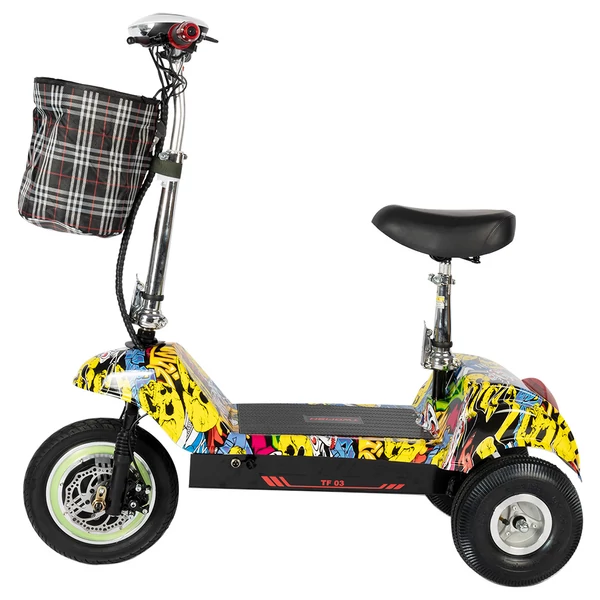 TWOFISH TF03 elektromos roller levehető üléssel, 350W (500W csúcs), 48V 15Ah, 28 km/h, 30 km hatótáv, tárcsafék, rugózás – Sárga Graffiti