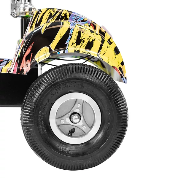 TWOFISH TF03 elektromos roller levehető üléssel, 350W (500W csúcs), 48V 15Ah, 28 km/h, 30 km hatótáv, tárcsafék, rugózás – Sárga Graffiti