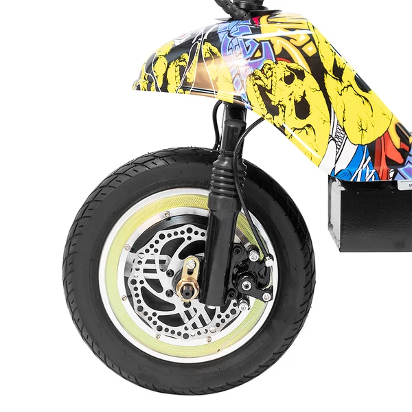 TWOFISH TF03 elektromos roller levehető üléssel, 350W (500W csúcs), 48V 15Ah, 28 km/h, 30 km hatótáv, tárcsafék, rugózás – Sárga Graffiti