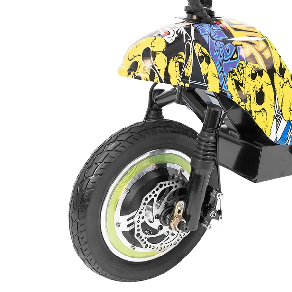 TWOFISH TF03 elektromos roller levehető üléssel, 350W (500W csúcs), 48V 15Ah, 28 km/h, 30 km hatótáv, tárcsafék, rugózás – Sárga Graffiti