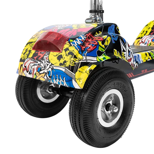 TWOFISH TF03 elektromos roller levehető üléssel, 350W (500W csúcs), 48V 15Ah, 28 km/h, 30 km hatótáv, tárcsafék, rugózás – Sárga Graffiti