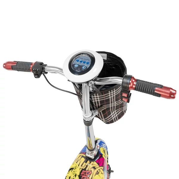 TWOFISH TF03 elektromos roller levehető üléssel, 350W (500W csúcs), 48V 15Ah, 28 km/h, 30 km hatótáv, tárcsafék, rugózás – Sárga Graffiti