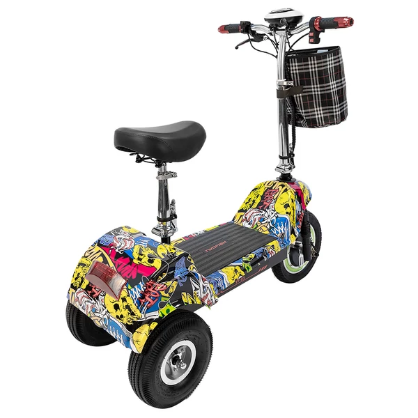 TWOFISH TF03 elektromos roller levehető üléssel, 350W (500W csúcs), 48V 15Ah, 28 km/h, 30 km hatótáv, tárcsafék, rugózás – Sárga Graffiti