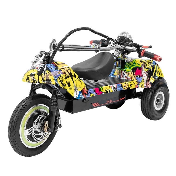 TWOFISH TF03 elektromos roller levehető üléssel, 350W (500W csúcs), 48V 15Ah, 28 km/h, 30 km hatótáv, tárcsafék, rugózás – Sárga Graffiti