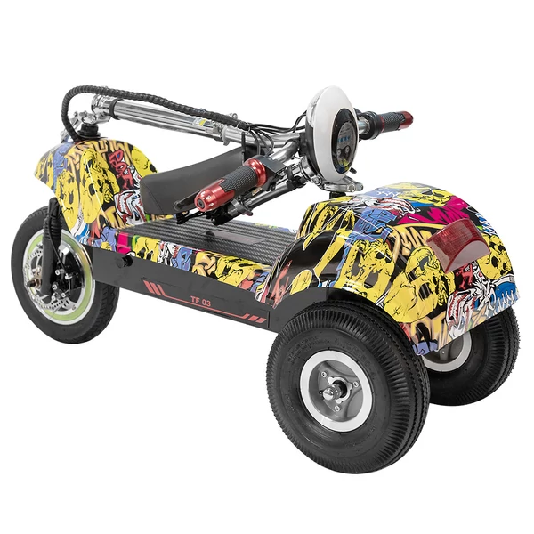 TWOFISH TF03 elektromos roller levehető üléssel, 350W (500W csúcs), 48V 15Ah, 28 km/h, 30 km hatótáv, tárcsafék, rugózás – Sárga Graffiti