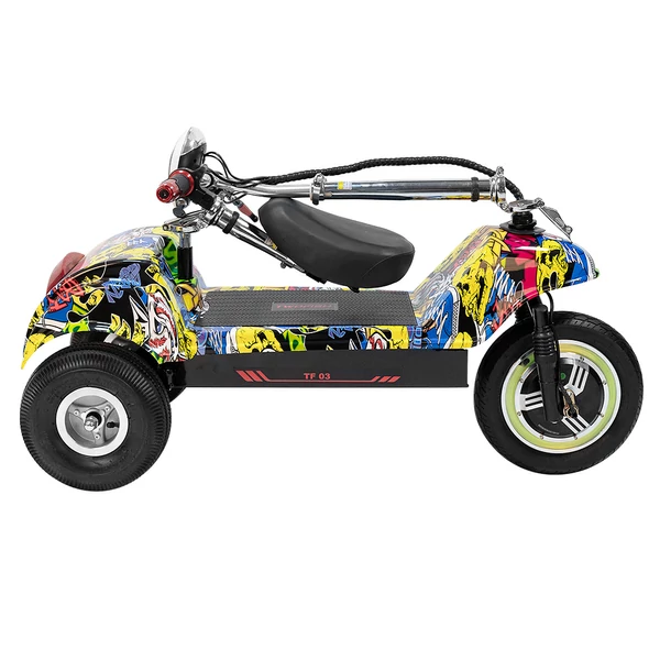 TWOFISH TF03 elektromos roller levehető üléssel, 350W (500W csúcs), 48V 15Ah, 28 km/h, 30 km hatótáv, tárcsafék, rugózás – Sárga Graffiti
