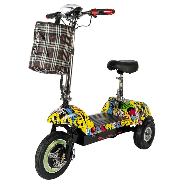 TWOFISH TF03 elektromos roller levehető üléssel, 350W (500W csúcs), 48V 15Ah, 28 km/h, 30 km hatótáv, tárcsafék, rugózás – Sárga Graffiti