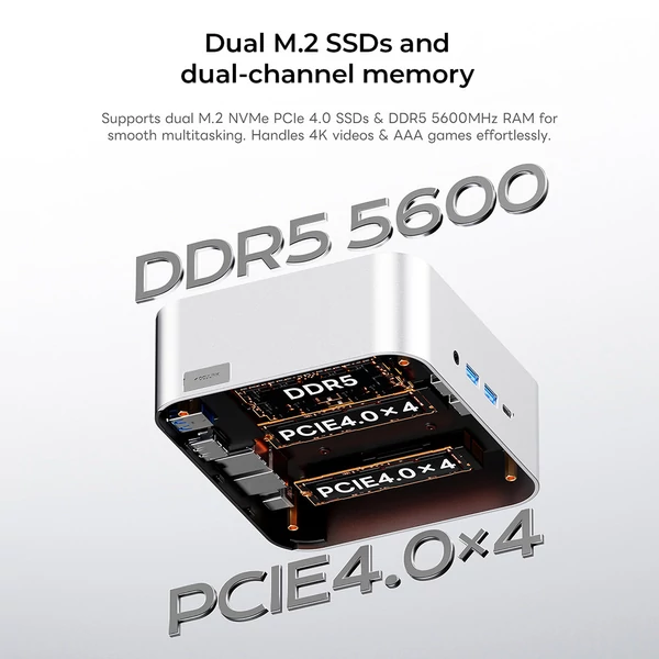 AOOSTAR MACO mini PC Ryzen 7 255, Radeon 780M, 24GB DDR5, 1TB PCIe SSD, OCuLink, 2.5G LAN, WiFi 6, USB4, 4 kijelző támogatás