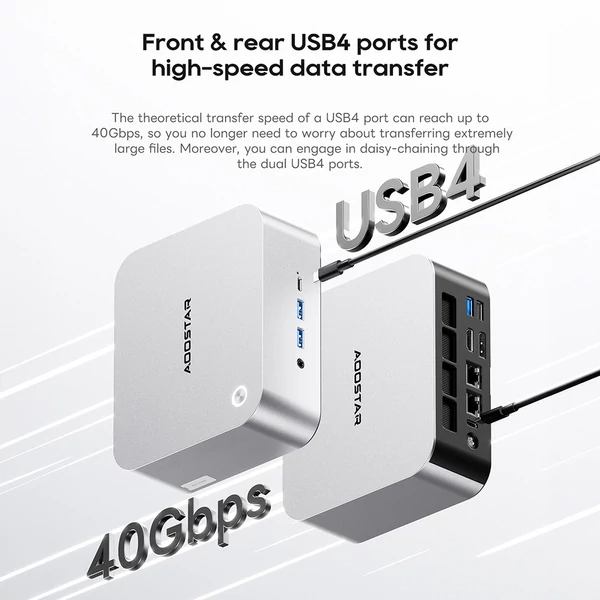 AOOSTAR MACO mini PC Ryzen 7 255, Radeon 780M, 24GB DDR5, 1TB PCIe SSD, OCuLink, 2.5G LAN, WiFi 6, USB4, 4 kijelző támogatás