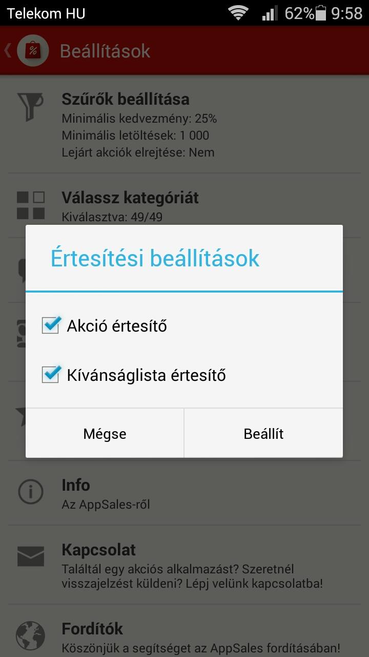 Értesítés beállítás