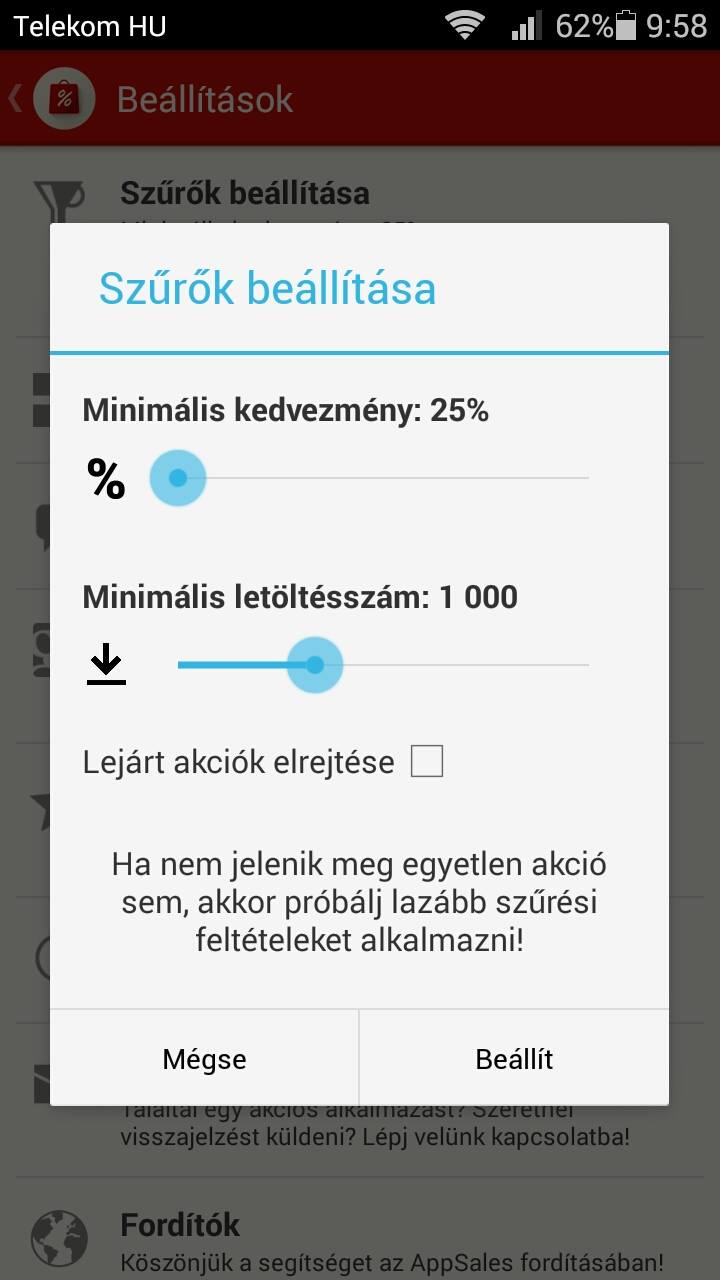 Szűrőbeállítás