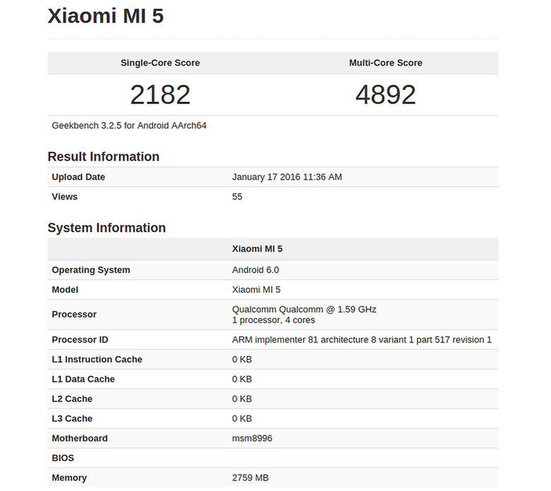 Xiaomi Mi5 Benchmark eredményei egy korábbi kiszivárogtatásnak köszönhetően